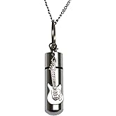 LAWNPG Silver Guitar Cremation Urn Necklace, 24" Chain, Simulated Pearl Stones, Music Theme, Adult Unisex, Fine Jewelry