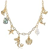 Gold Ocean Charm Necklace for Women Hawaii Chain Necklace with Cute Dangle Mermaid Shell Pearl Starfish Conch Dolphin Ship Anchor Sea Pendant Adjustable Trendy Y2K Summer Beach Jewelry Gift for Women