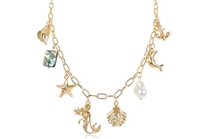 NEKOL Gold Ocean Charm Necklace for Women Hawaii Chain Necklace with Cute Dangle Mermaid Shell Pearl Starfish Conch Dolphin Ship Anchor Sea Pendant Adjustable Trendy Y2K Summer Beach Jewelry Gift for Women
