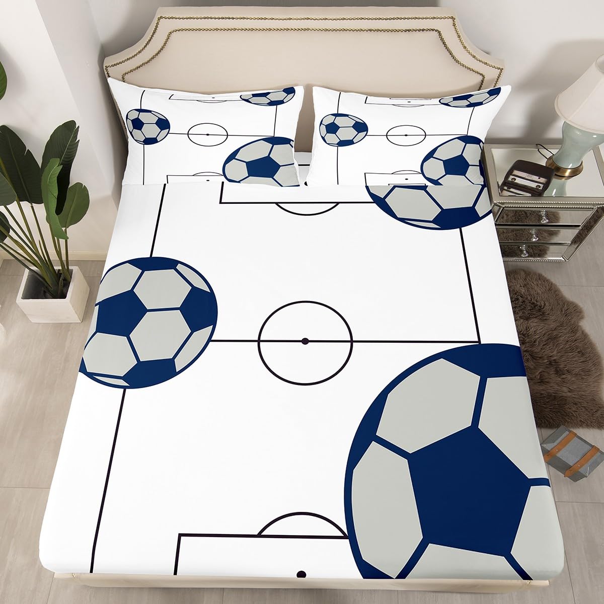 Football Fitted Sheet Double Size Kids Football Court Bedding Set for Boys Girls Soccer Ball Bed Sheet Set Breathable Sports Theme Bed Cover Deep Pocket Room Decor