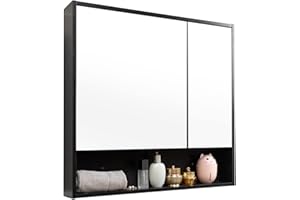 ALIMORDEN Medicine Cabinet with Mirror and Shelves, Oversized Bathroom Wall Storage Organizer Over The Vanity, Toilet, Recessed or Surface Mount, 30.4" L x 29.5" H, Black