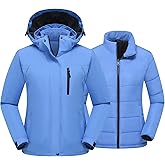 PTSOC Women's 3 in 1 Ski Jacket Mountain Waterproof Windproof Winter Snow Coat Hike Snowboarding Jackets Hooded Warm Raincoat