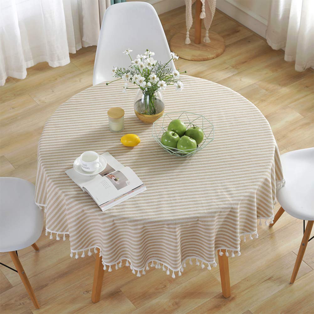 meioro Round Tablecloths Striped Fringe Tablecloth Cotton Linen Table Cover Suitable for Home Kitchen Decoration,Various Sizes (Apricot/White Stripes,Diameter 150cm)