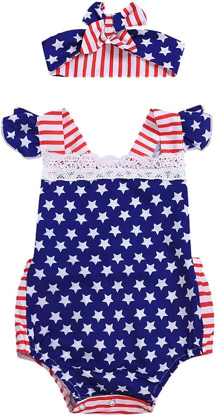 Huifa Baby girl Cute Bodysuit 4th of July Stars Striped Patriotic Backless Romper