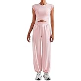 SUUKSESS Women 2 Piece Lounge Workout Sets Outfits High Waisted Wide Leg Pants Sleeveless Cropped Tops Summer(Pink S)