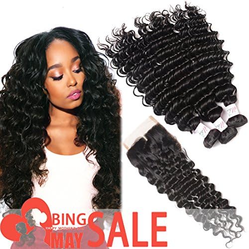 3 Bundles Brazilian Deep Wave Human Hair With Closure 100% Unprocessed Virgin Hair Extesion Deep Curly Remy Hair With Lace Closure Middle Part Natural Color (20 22 24+18 Lace Closure)