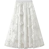 jinghuiyue Women's Midi Tulle Skirts Floral Embroidery Layered Print Fairy Skirts Elastic Waist A-Line Mesh Skirt