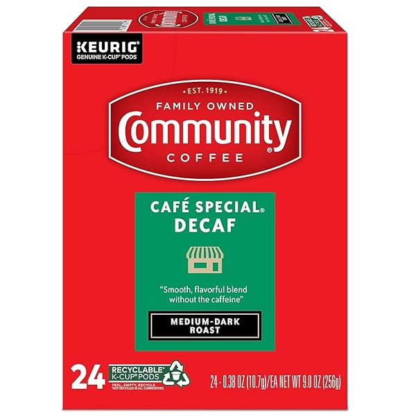 COMMUNITY COFFEE CAFÉ SPECIAL DECAF 24 COUNT COFFEE PODS, MEDIUM-DARK ROAST, COMPATIBLE WITH KEURIG 2.0 K-CUP BREWERS, 24 COUNT (PACK OF 1)