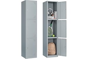 PEUKC Metal Locker with 3 Doors, 71" Locker Storage Cabinet for Employees, 3 Tier Steel Locker with Lock and Keys for School, Gym, Home, Office Staff(Grey)