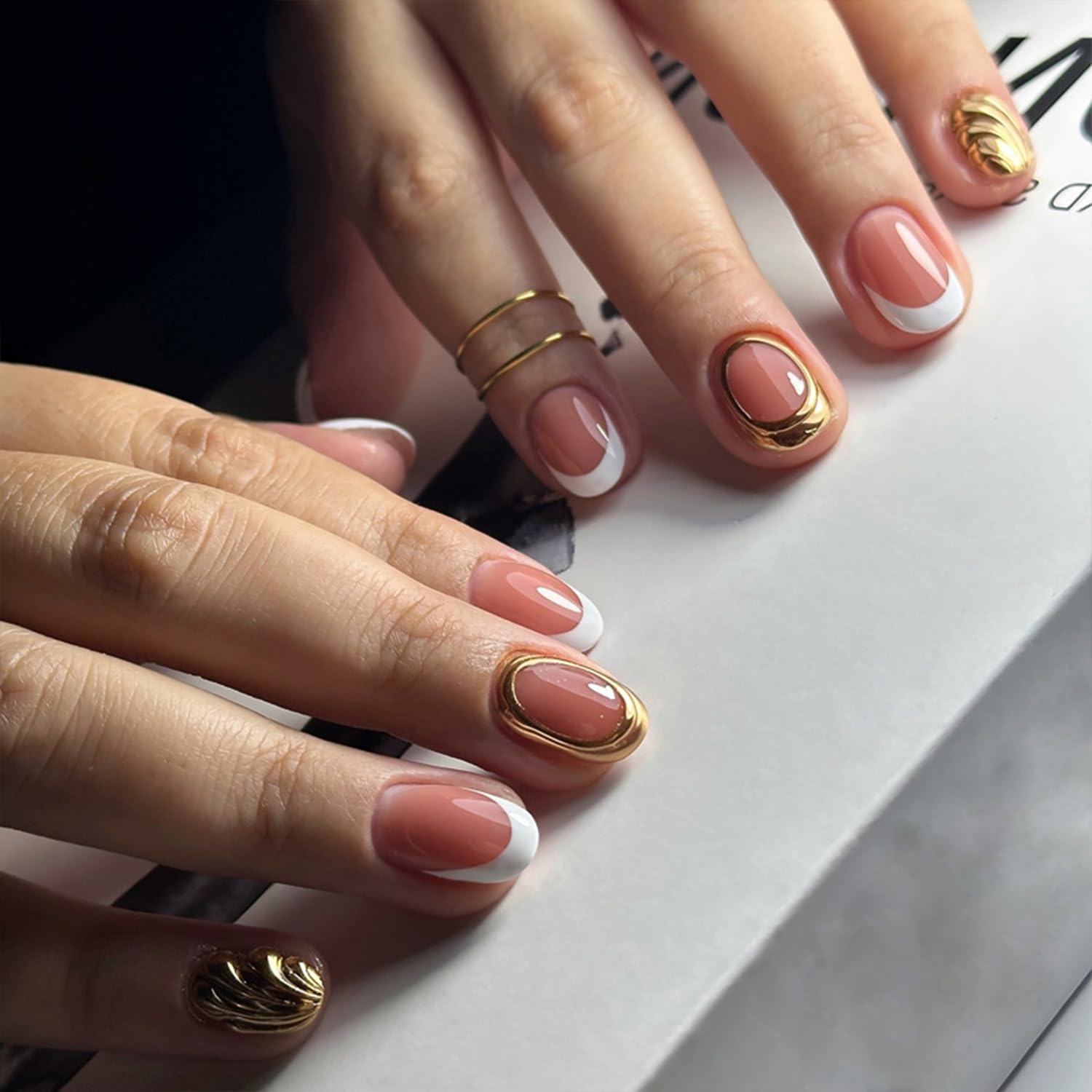 Photo 1 of 24Pcs White French Tip Press on Nails Short Gilding Fake Nails with Gold Figure Design Nude False Nails Glossy Full Cover Artificial Glue on Nails Cute Stick on Nails with for Women DIY Manicure Salon