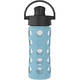 Lifefactory 12oz Glass Water Bottle with Active Cap, Denim | Protective Silicone Sleeve, Spout Cap, Carry Handle, BPA Free, Reusable, Dishwasher Safe