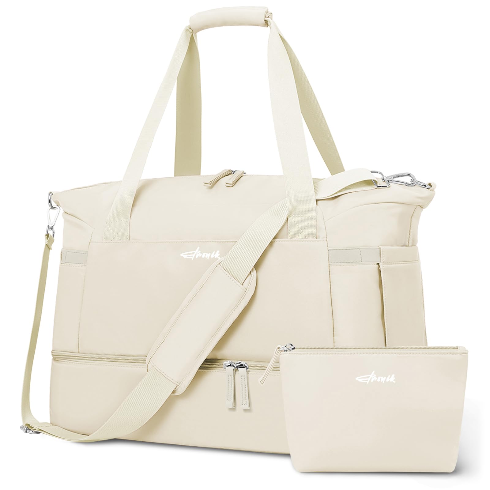 ETRONIK Gym Bag Womens, Travel Duffel Bag, Easyjet Cabin Bag 45x36x20 Underseat, Weekend Bag with Shoes Compartment, Hospital Bag with Wet Pocket & USB Charging Port, Overnight Sports Bag, Big, Beige