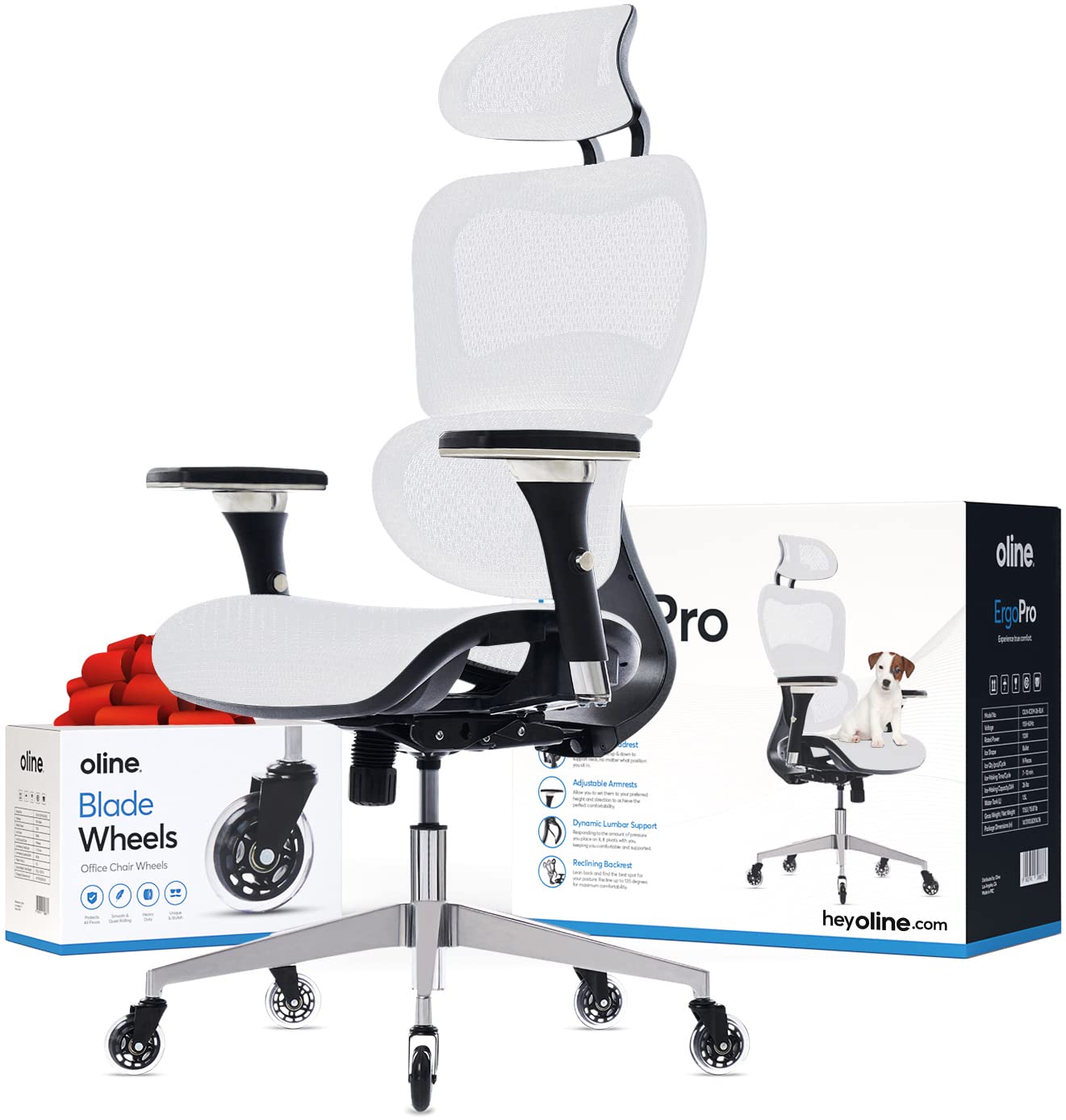 Photo 1 of Oline ErgoPro Ergonomic Office Chair with 4D Adjustable Armrest, 3D Lumbar Support and Blade Wheels - Mesh Computer Gaming Rolling Desk Executive Swivel Home Chair (White)