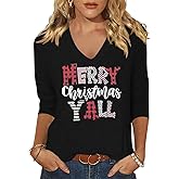 Christmas 3/4 Sleeve Shirt for Women Funny Xmas Doodles Graphic Tee Winter Holiday Family Party Matching Tops Blouse