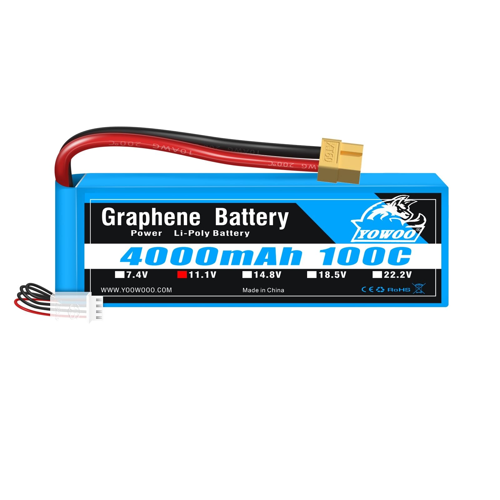 YOWOO Graphene Battery 3S 4000mAh 100C 11.1V Lipo Battery with XT60 / Deans T Plug for Traxxas 1/10 RC Car/Truck, Slash VXL,1/10 Rally, XO-1 Supercar, E-Maxx Brushless, E-Revo Brushless, Spartan
