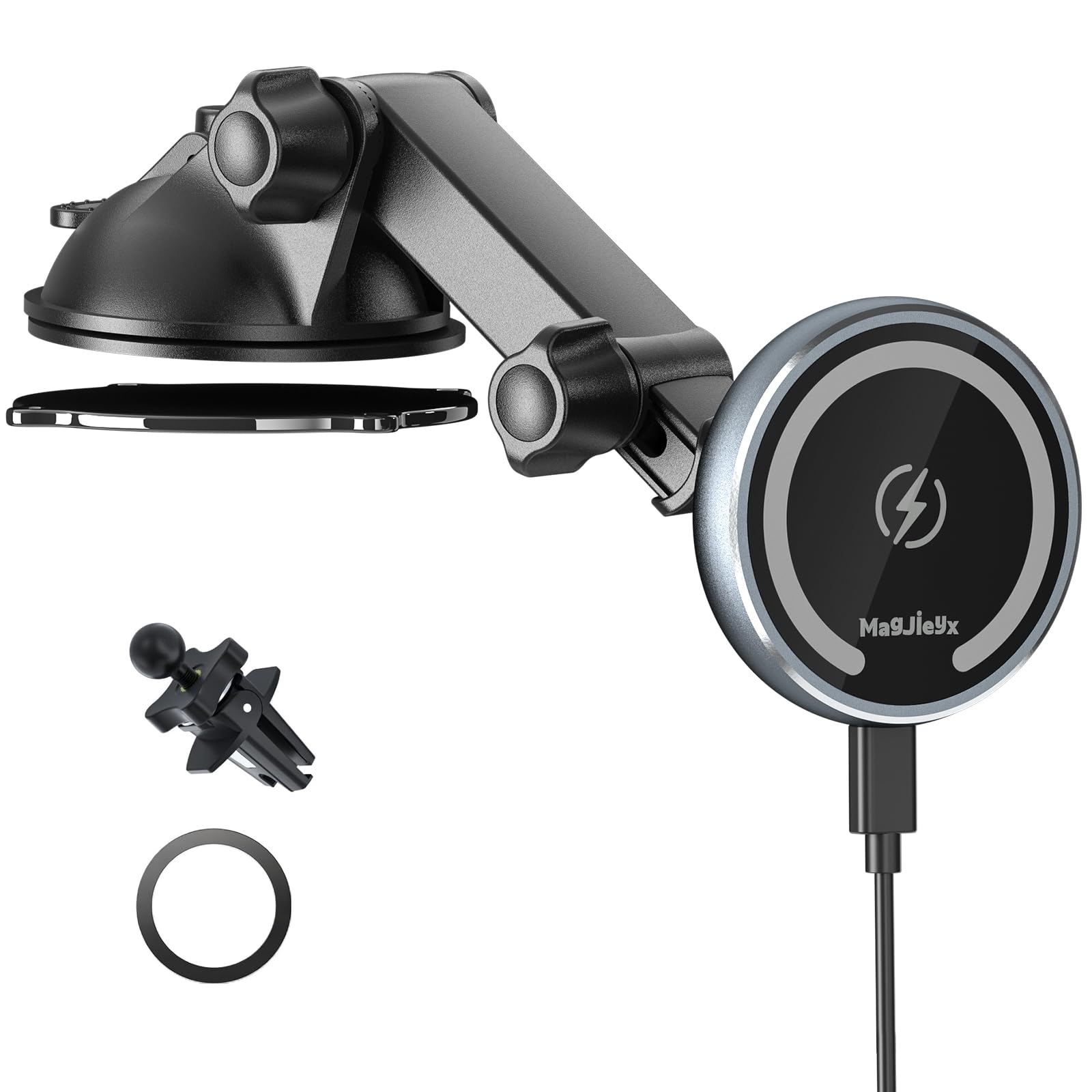 MAGJIEYX for MagSafe Car Mount Charger, Magnetic Wireless Fast Charging for iPhone15,14, 13, 12 Pro Max,Plus,Mini,3-in-1 Vent/Dash/Windshield Auto-Alignment Phone Holder (No 36W QC3.0 Adapter)