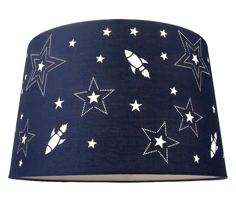 Fun Rockets and Stars Childrens/Kids Midnight Blue Cotton Bedroom Pendant or Lamp Shade Creates Stunning Effect Against The Wall by Happy Homewares