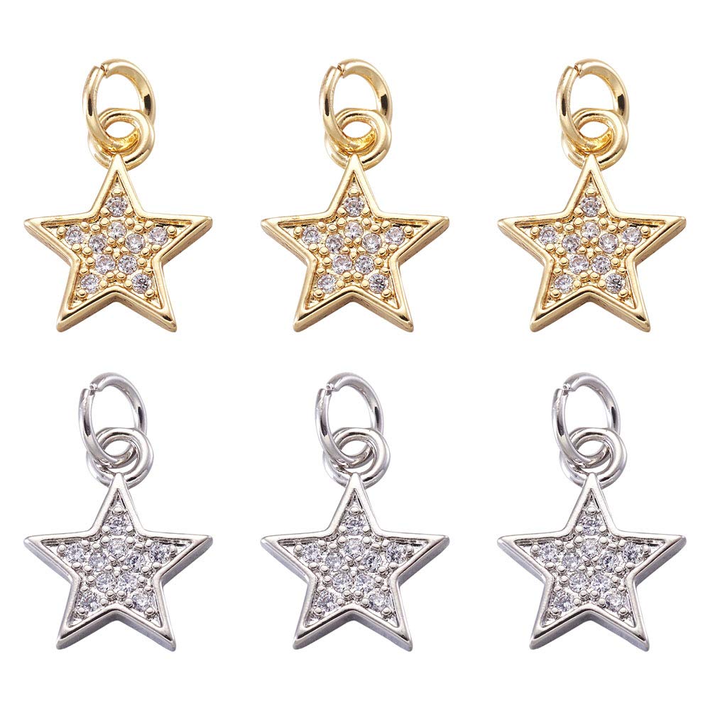 KISSITTY 20pcs Cubic Zirconia Star Charms Pendants for Bracelet Necklace Earring Jewelry Making, Light Gold & Silver
