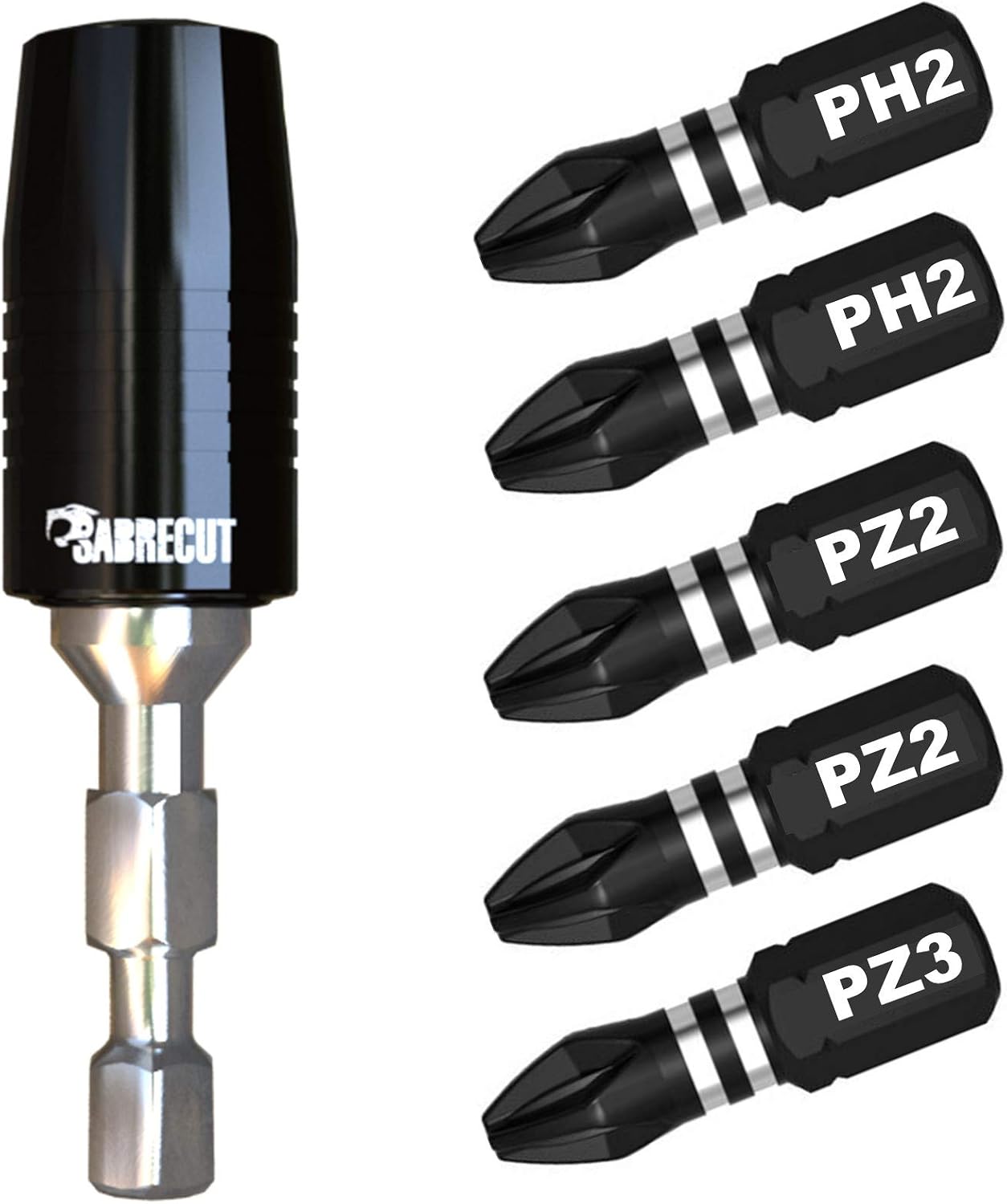 6 Piece SabreCut SCRK4 60mm Professional Magnetic Impact Bit Holder with 5 x 25mm Impact Bits PH2 PZ2 PZ3 Phillips Pozi