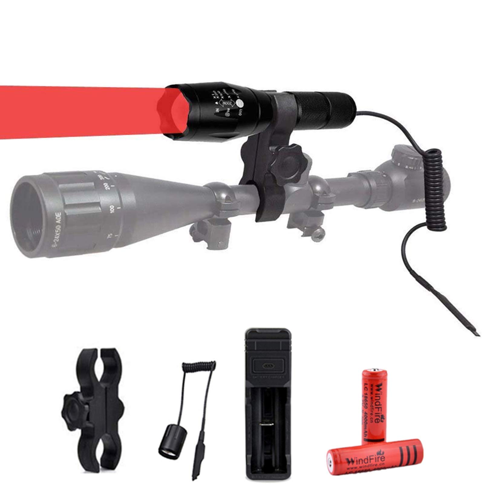 LUXJUMPER Red LED Hunting Torch, 350 Yards Single Mode Long Range Predator Light Tactical Torches Zoomable with Scope Mount, Remote Pressure Switch