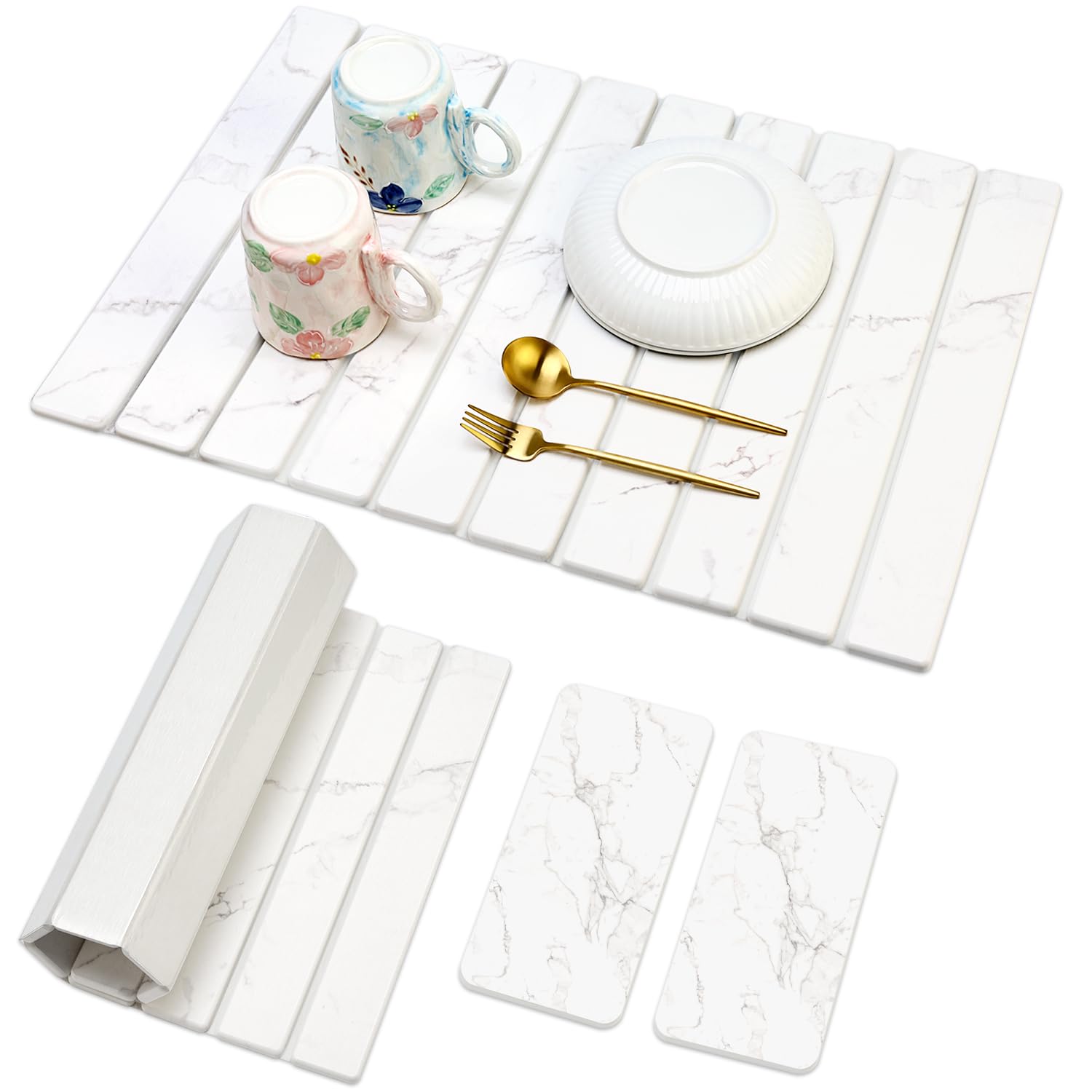 Photo 1 of 3 Pack Fast Dry Stone Dish Drying Mats for Kitchen Counter Accessories Large Diatomite Dish Water Absorbing Stone Bathroom Sink Tray Quick Dry Matt Diatomaceous Earth Pad White Marble Kitchen Mat