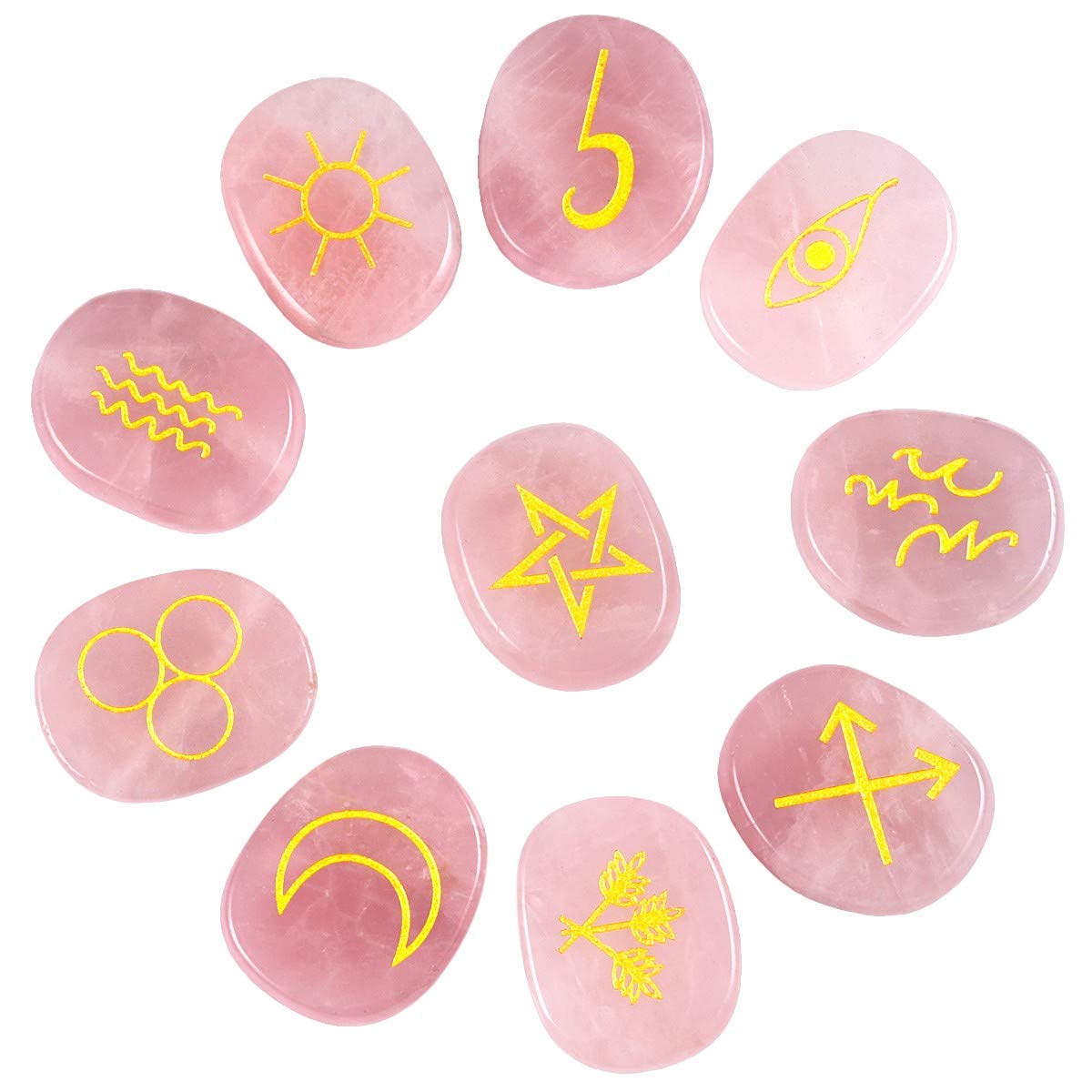 rockcloud Healing Crystal Rose Quartz Gypsy Symbol Witches Rune Set Chakra Stones Palm Stone Reiki Balancing, 10 Pcs