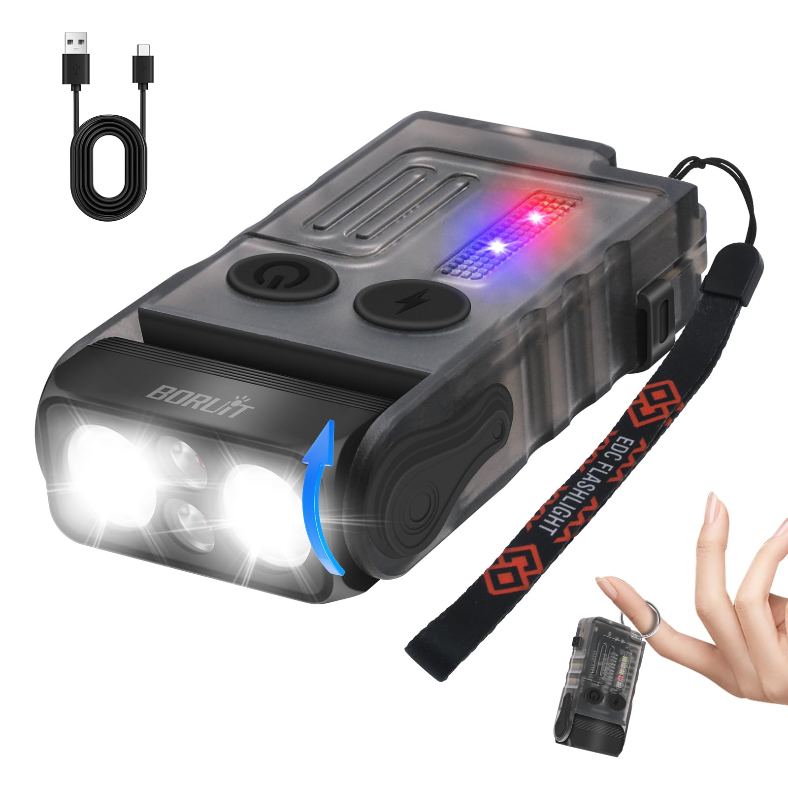 BORUIT V20 Small Torches LED Super Bright Rechargeable,180°Head Swivels with Cob Side Light,Ip67 USB C Rechargeable Torch with Clip,Lanyard and Keychain,Magnetic Buzzer-13 Modes