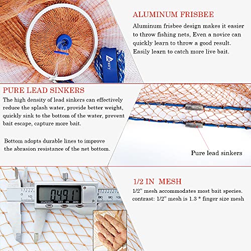 Drasry Saltwater Fishing Cast Net with Aluminum Frisbee for Bait Trap Fish Throw Net. Size 4FT