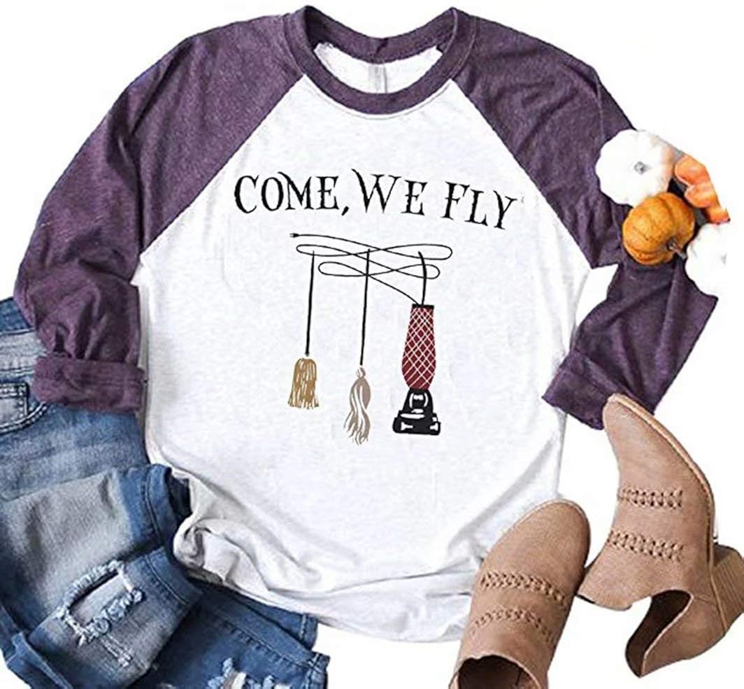 UNIQUEONE Come We Fly Halloween T-Shirt Women 3/4 Sleeve Baseball Shirts: Clothing