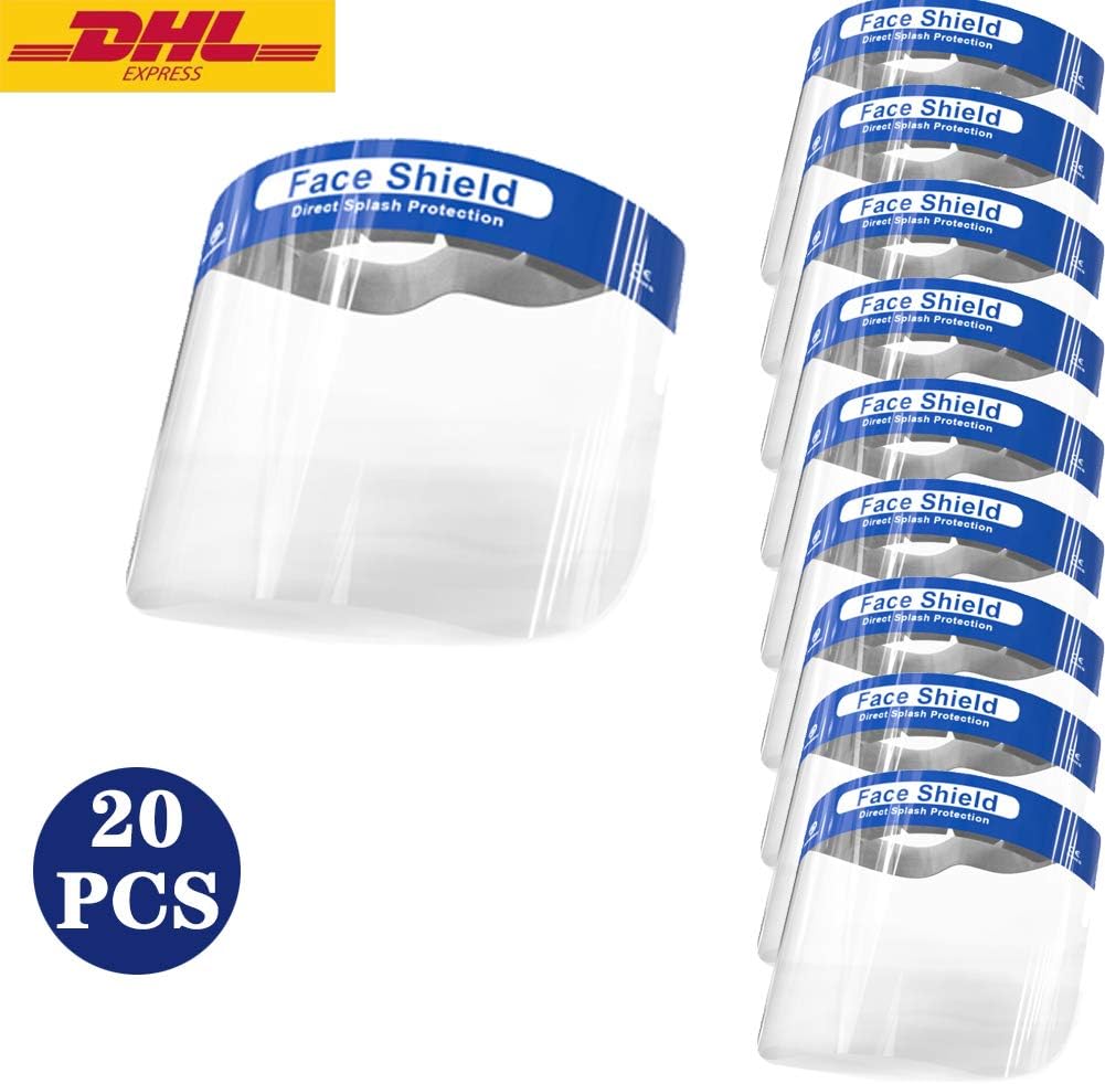 20 PCS Anti-fog Adjustable Full Face Shield with 10 Replaceable, Full Protective Clear Film Elastic Band and Comfort Sponge Face Shield for Men Women