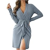 OYOANGLE Womens Short Robes Lightweight Knee Length Long Sleeve Spa Robe Soft Stretch Belted Kimono Sleepwear Bathrobe