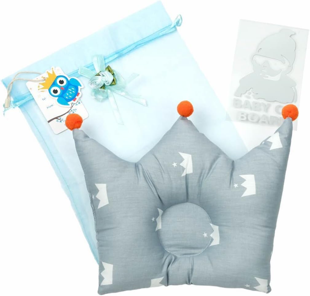 KooCoo Baby Pillow Version2 for Newborn, Cotton Fabric || Protection for Flat Head Syndrome || Come with + A Gift Bag + A Name Tag + A 'Baby on Board' Car Sticker || (Baby Crown)