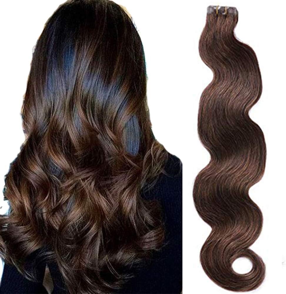 Samrtinnov Tape Hair Extensions #2 Dark Brown Body Wave Human Hair Seamless Tape in Extensions 60grams 20pcs/pack 22inches Soft Wavy Brown Real Hair Glue in Extensions