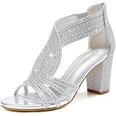 Gufobela Women's Rhinestone Sparkly Chunky Block Heel Sandals Open Toe Dressy Shoes with Zipper Closure for Wedding Prom Homecoming Hoco Formal Events