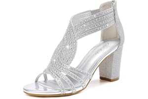 Gufobela Women's Rhinestone Sparkly Chunky Block Heel Sandals Open Toe Dressy Shoes with Zipper Closure for Wedding Prom Homecoming Hoco Formal Events