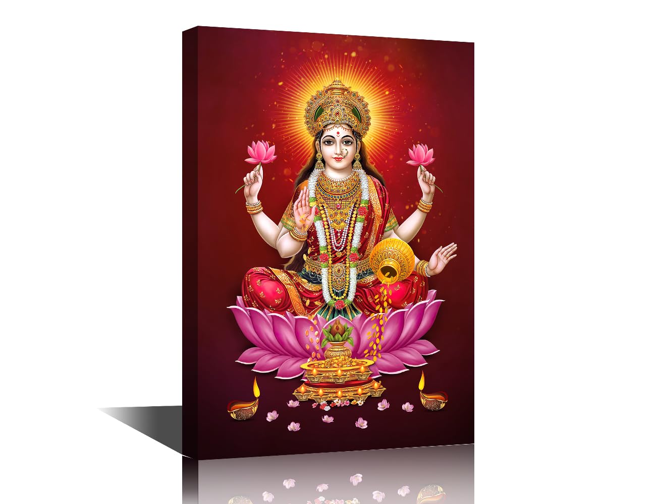 TISHIRON Room Wall Pictures Indian God Laxmi Maa Paintings 1 Piece Canvas Indian Diwali Hinduism Religion Modern Artwork Home Decor for Living Room Framed Ready to Hang 24x16inch