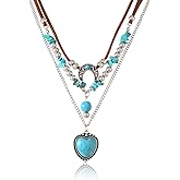 Zurlcdye Turquoise Necklaces for Women Boho Western Layered Chunky Moon Bow Heart Charm Dainty Statement Beaded Necklace Trendy Birthday Christmas Gifts Jewelry Gifts