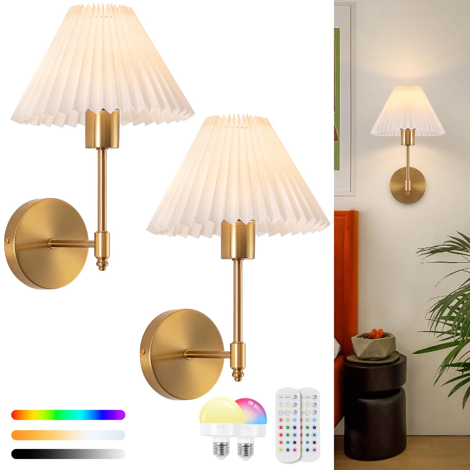 Photo 1 of EIDISUNY Wall Sconce Sets of 2, Battery Operated Gold Wall Sconce with Remote Dimmable RGB, Rechargeable Wireless Wall Lights for Bedroom Living Room Kitchen Hallway Wall