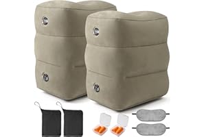 EOOQI Inflatable Foot Rest Pillow for Travel - Adjustable Height Flight Foot Rest with Eye Mask and Earplugs for Kids & Adults on Airplane, Car, Train, Office, and Home (Gray, 2 PCS)