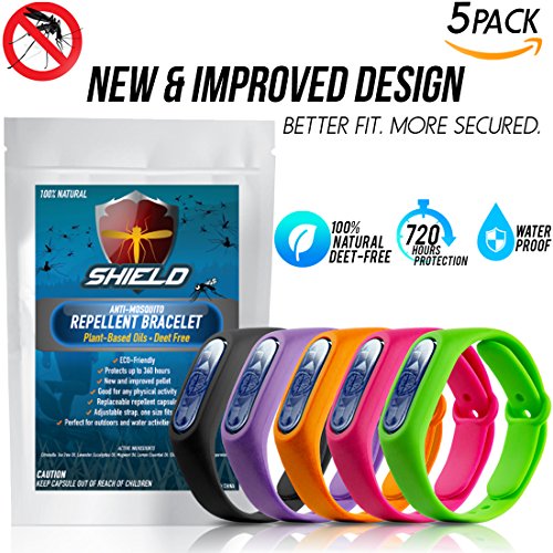 SHIELD Natural Anti Mosquito Insect & Bug Repellent Bracelet Band DEET Free Safe for Kids & Adults Travel Size Repellent Outdoor Mosquito Control a Must Have Camping Hiking Fishing Accessories - 5 PK