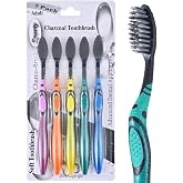 ROTATING BRUSH ADA Cavity Defense Activated Charcoal Toothbrush 5 Pack Ultra-Soft Flosspick Bristle for Sensitive Teeth &amp; Gums, Aids in Teeth Whitening, Extra Soft, Easy Grip (5 Count)