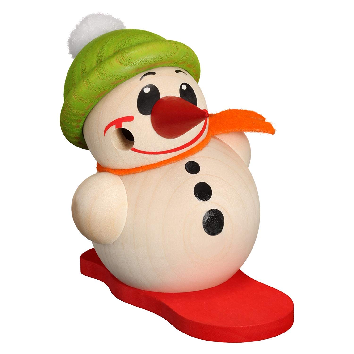 Seiffener Volkskunst German incense smoker Cool-Man with snowboard and green hat, height 9 cm / 4 inch, original Erzgebirge