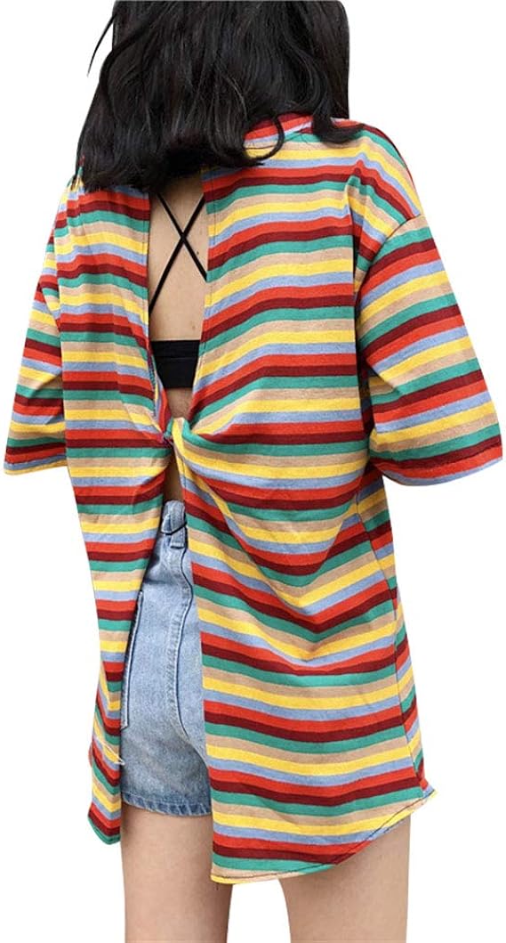 Amazon Viviseason ビビシーズン Tシャツ レディース 虹色 ストライプ 背中 透かし彫り ファッション ロング 可愛い カジュアル Tシャツ カットソー 通販