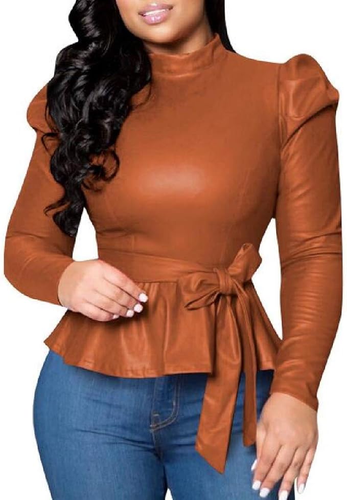 Twcx Womens Belted Faux Leather Tops Slim Fit Turtleneck Long Sleeve T-Shirt Blouse Brown US S 