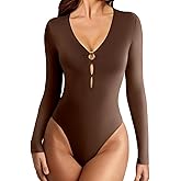 Avidlove Long Sleeve Bodysuits for Women Sexy Cutout Plunge Deep V Neck Thong Bodysuit Double Line Going Out Tops O-Ring