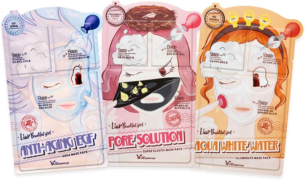 Elizavecca 3 Step Mask Pack a Set of Three (Aqua White Water Illuminate Mask pack, Anti-Aging EGF Aqua Mask Pack, Pore Solution Super Elastic Mask pack)