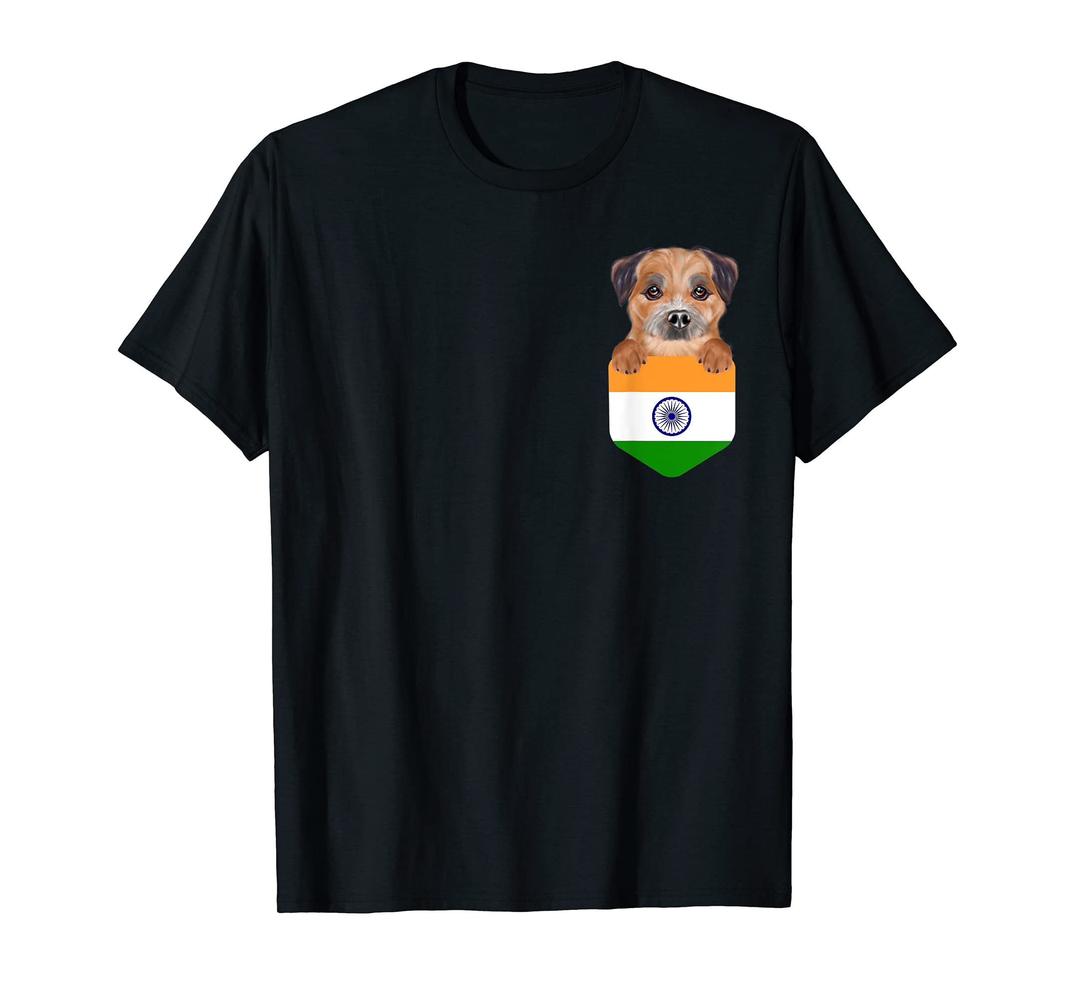 India Flag Border Terrier Dog In Pocket T-Shirt
