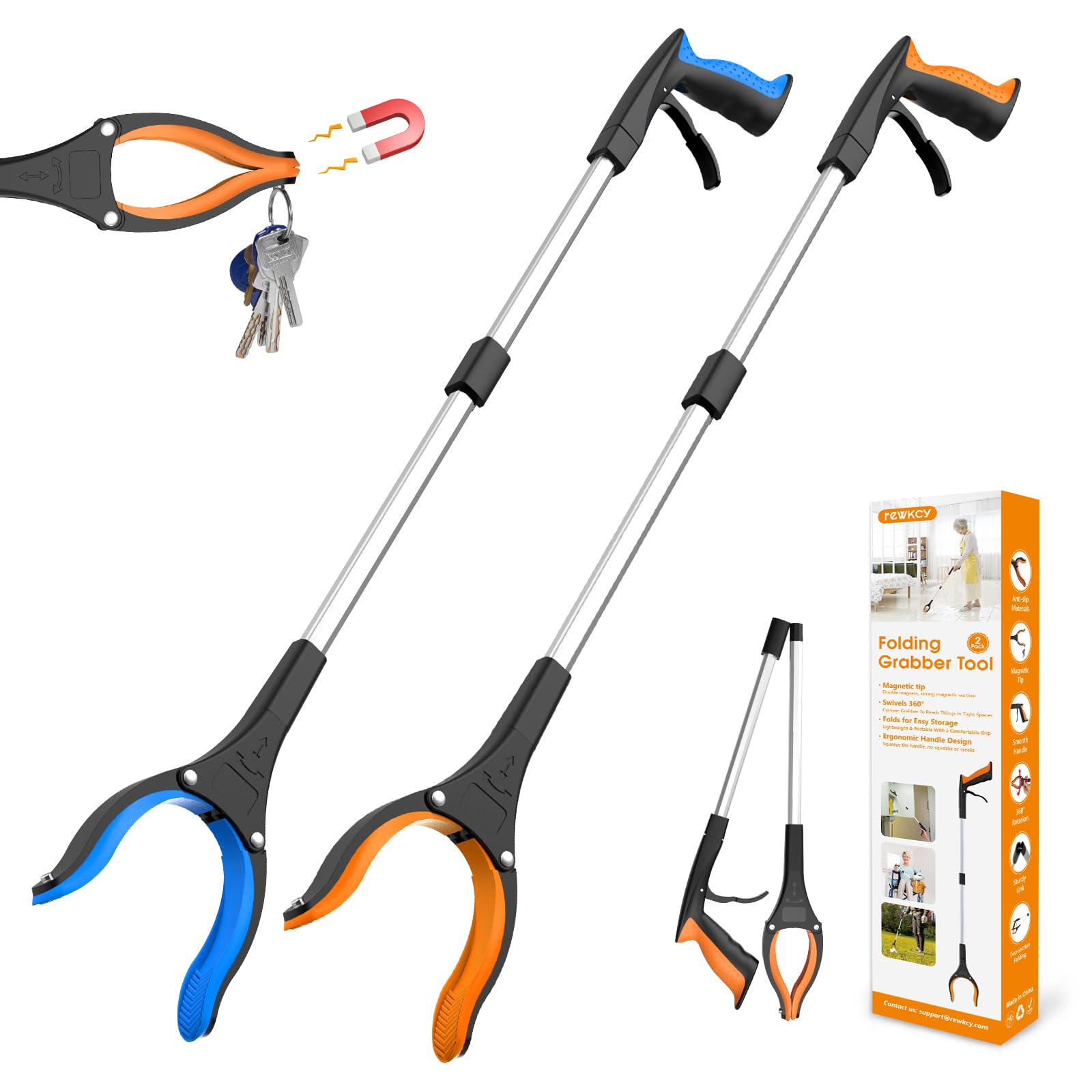 81cm/32" Litter Pickers Grabber Stick 2-Pack, Helping Hand Grabbers for Adults, Disabled, and Elderly, Heavy Duty Pick Up Stick, Blue and Orange