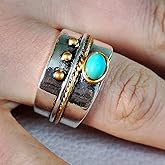 SUKKCCNO Vintage 925 Silver Oval Turquoise Wide Ring Boho Natural Stone Solitaire Ring with Two-Tone Sturdy Band Handmade Artisan Jewelry Gift for Women Size 6-10 9