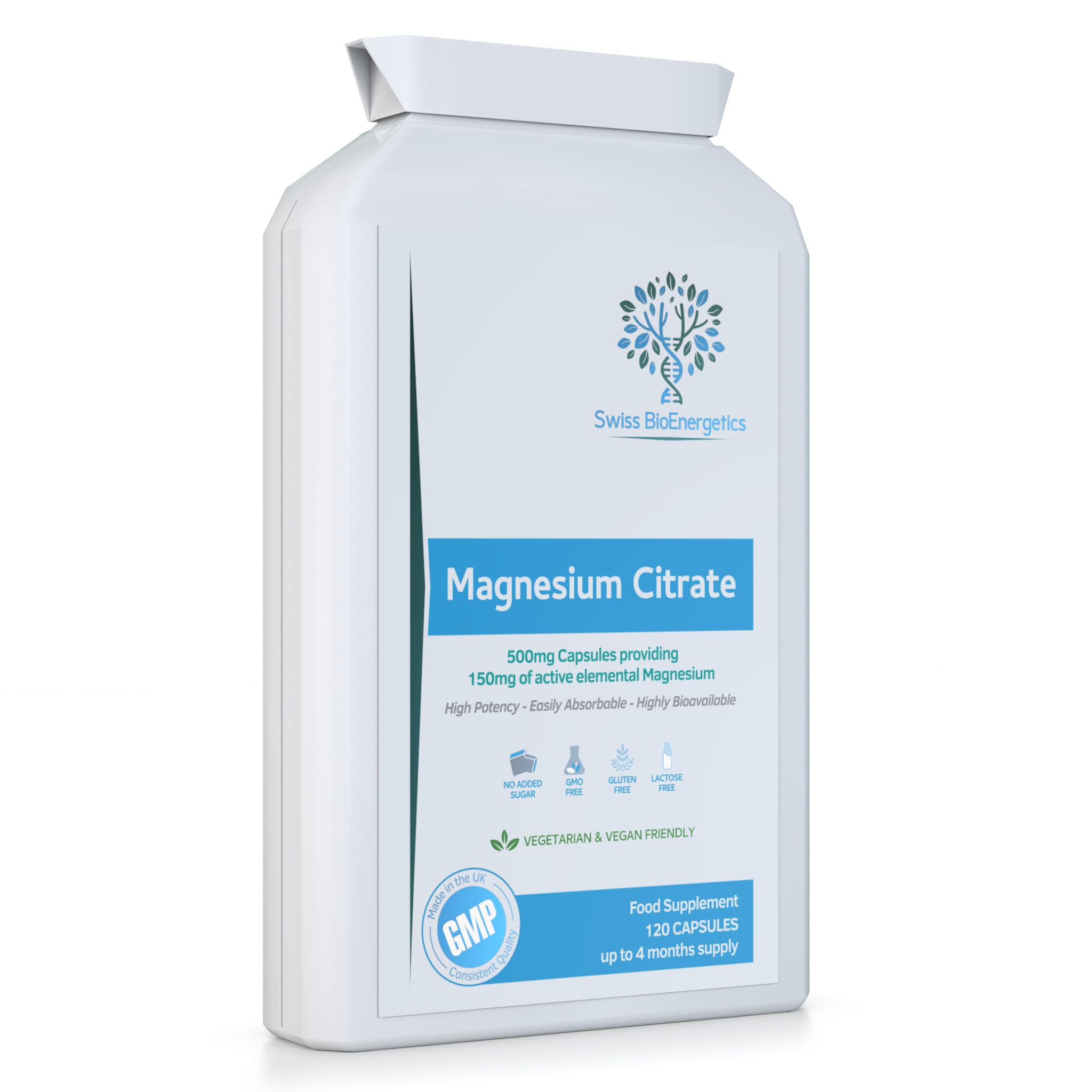 Magnesium Citrate 500mg 120 Capsules - Providing 150mg of Active Elemental Magnesium - High Potency - Easily Absorbable - Highly Bioavailable - UK Manufactured